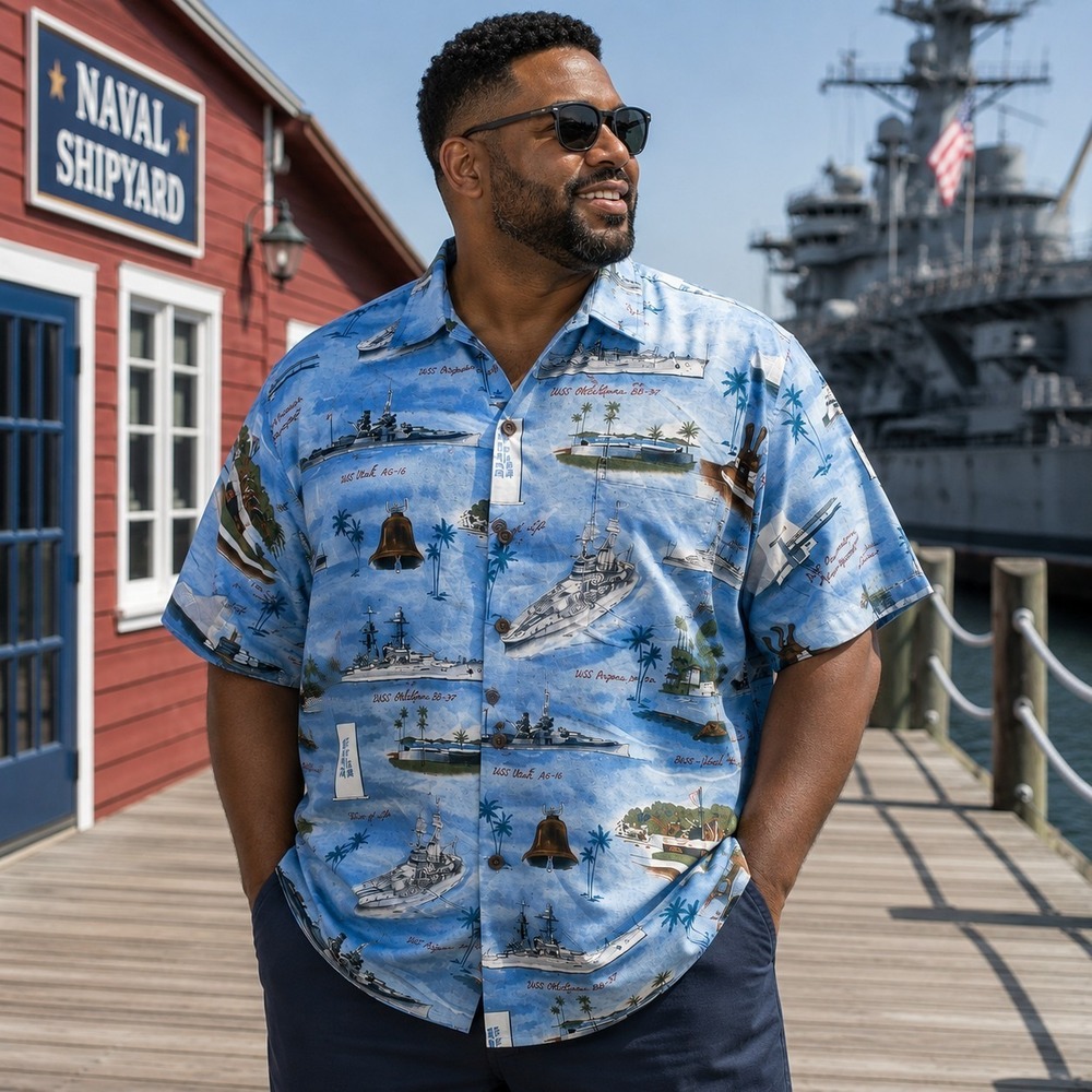 Kalaheo Men's 2XL Shirt Pearl Harbor Ships Tropical Coastal Dadcore Military